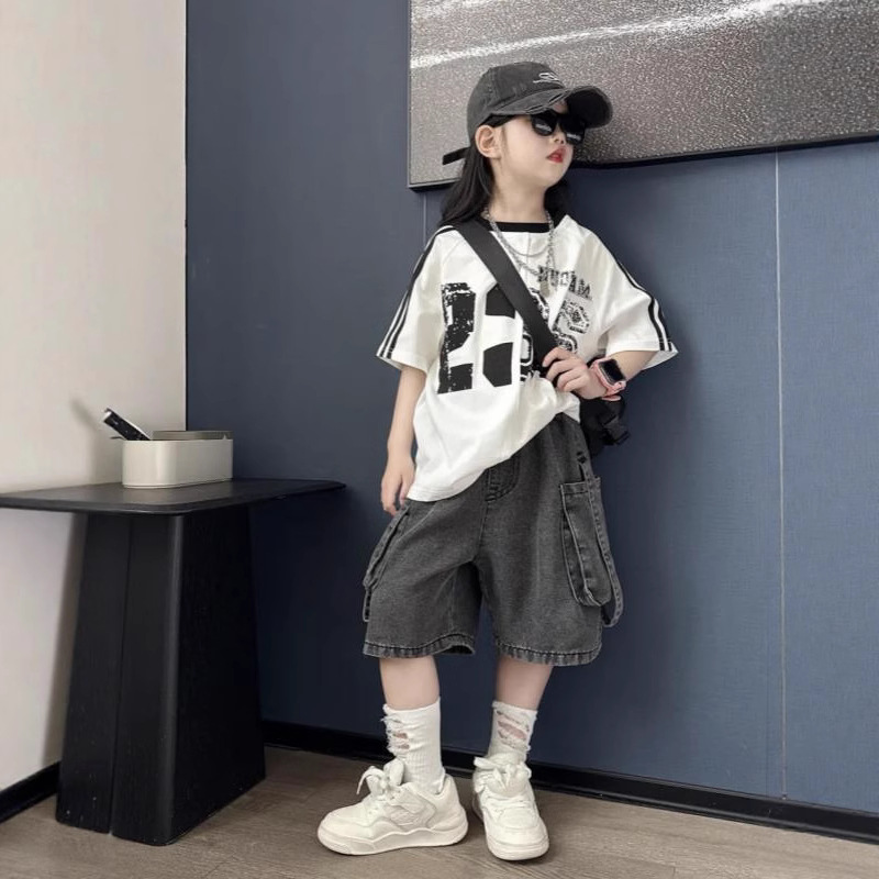 American Retro Irregular Distressed Sports Jersey Short-Sleeve Boys and Girls Design Versatile Denim Shorts Two-Piece Set