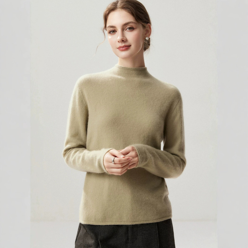 Seamless one-piece knitted cashmere sweater for women, with rolled edges and a semi-high collar, basic wool base layer top Seamless one-piece knitted cashmere sweater for women, with rolled edges and a semi-high collar, basic wool base layer top