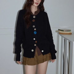 吵吵 设计感黑色圆领纽扣毛衣女2025秋高级宽松外套休闲针织开衫