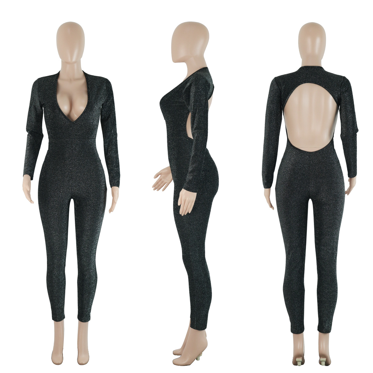 Women Clothing Eaby Deep V Plunge neck Night Club Bright Silk Slim Hollow Out Cutout Sexy Jumpsuit