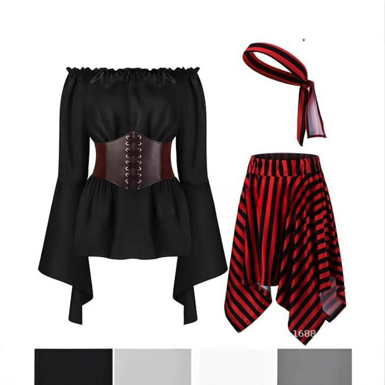 New Arrival Women Pirate Costume Cosplay Renaissance Top Belt Pirate Skirt Striped Bandana Skirt