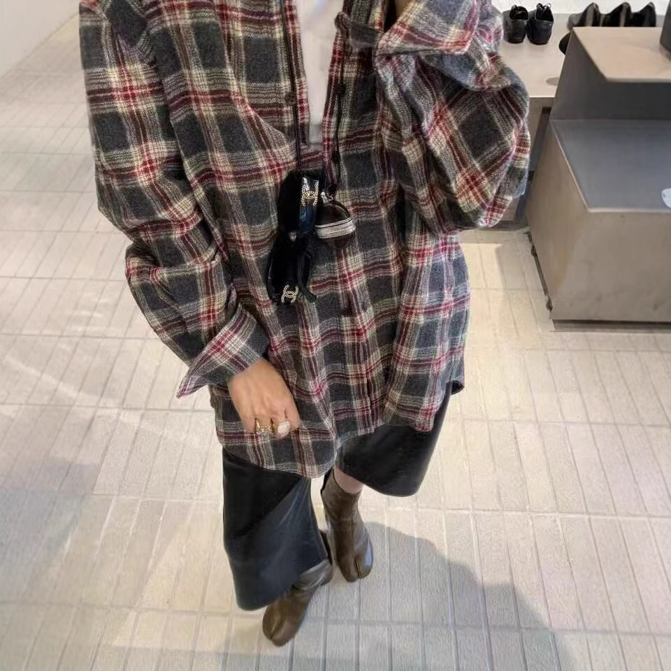 2025 Spring Autumn Winter Wool Plaid Woolen Shirt Coat