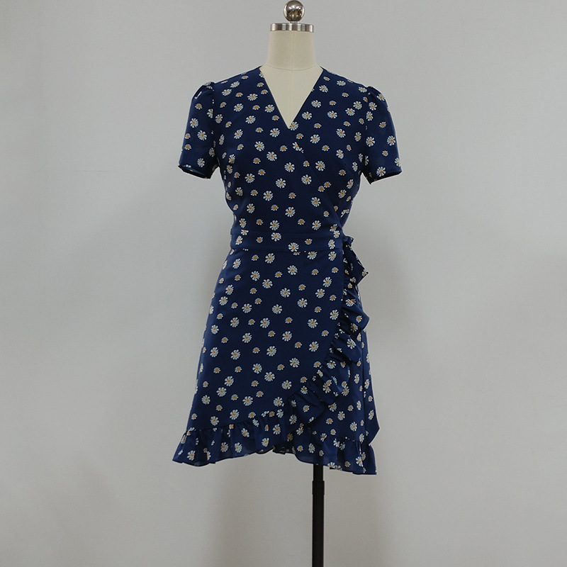 Summer New Arrival Small Waist Age-reducing Women's Clothing Tea Break Skirt Short Slim-fit Navy Blue Daisies dress