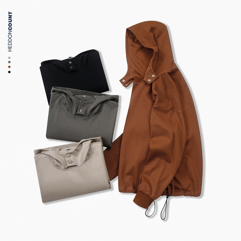 Dengjue Men's Spring Hooded Sweatshirt 320g Twill Double-Sided Cotton Metal Buckle Windproof Hood Loose Trendy Versatile