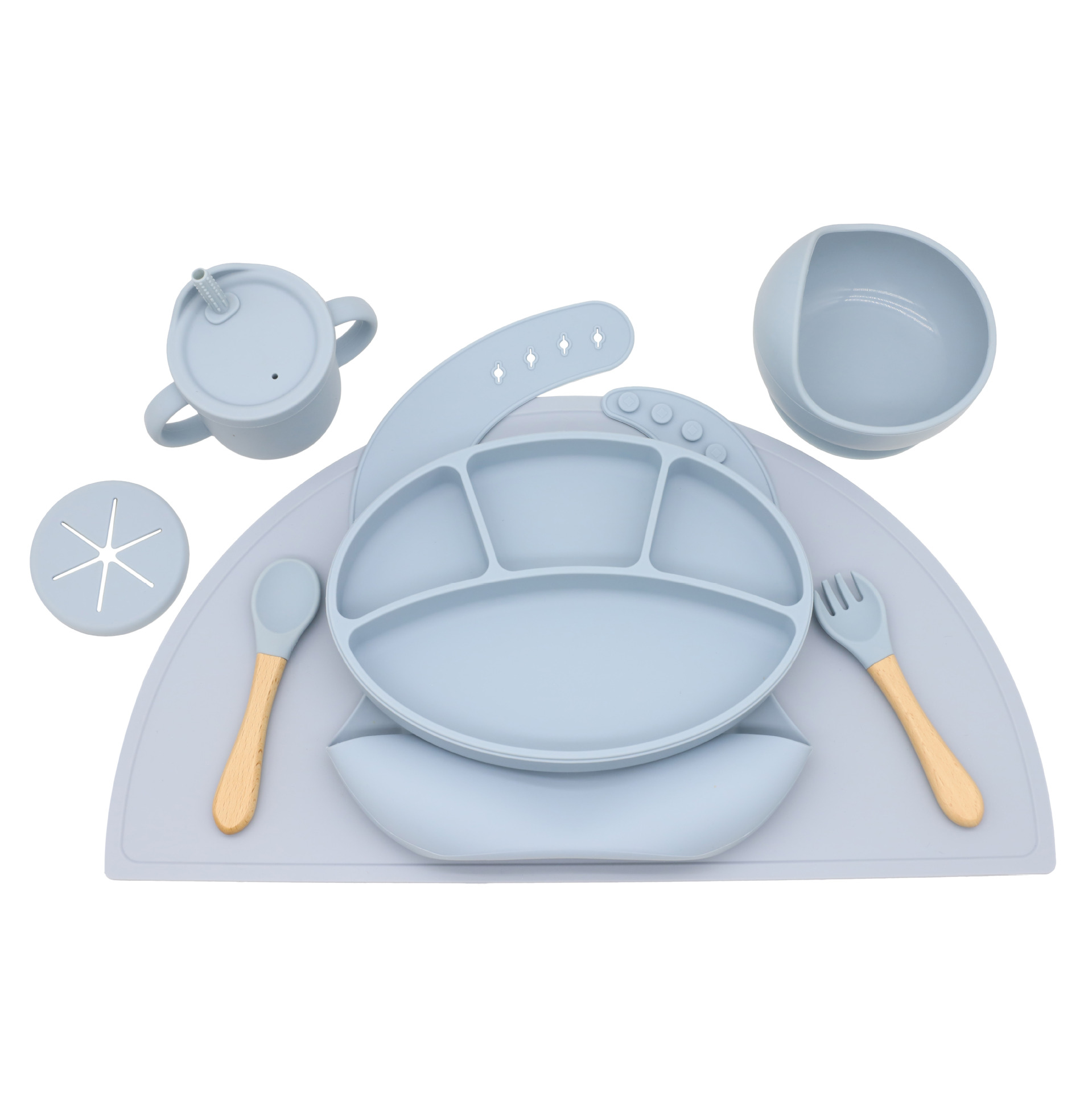 Cross-border Hot Selling Silicone Baby Bib Infant Children Bowl Dinner Plate Placemat Spoon Fork Anti-fall Snack Cup Tableware Set