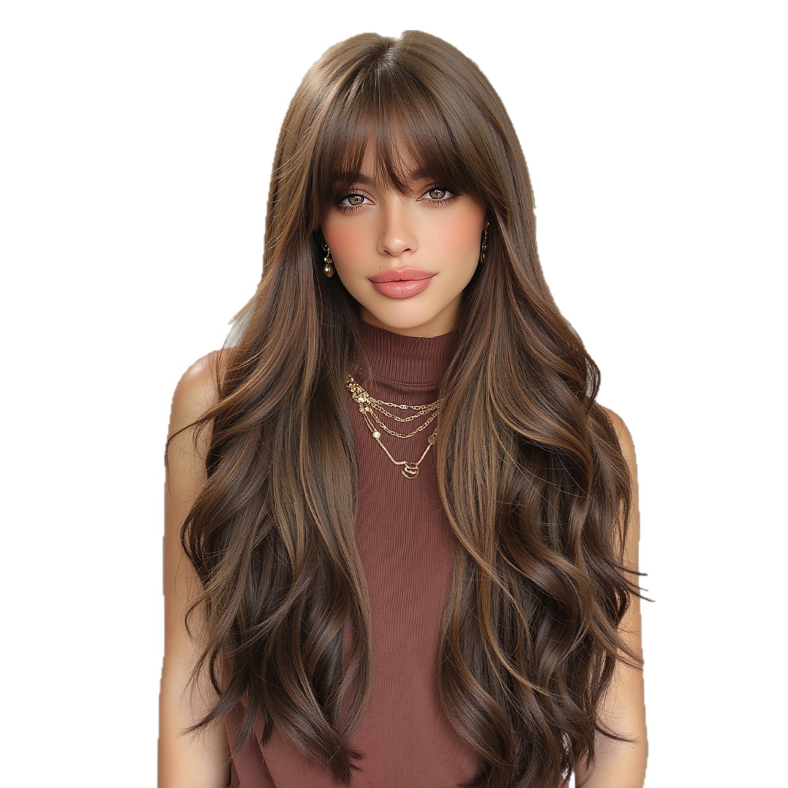 Marrón oscuro Qi Liuhai ondulado cabello largo ondulado seda de alta temperatura simulación cabello de alta temperatura estilo explosivo transfronterizo wigs