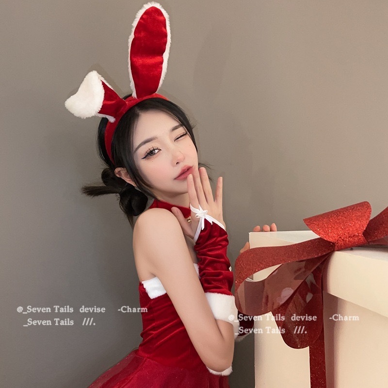 圣诞节长兔耳朵发箍新年红色毛绒兔耳朵头箍女仆兔女郎网红发饰女|undefined
