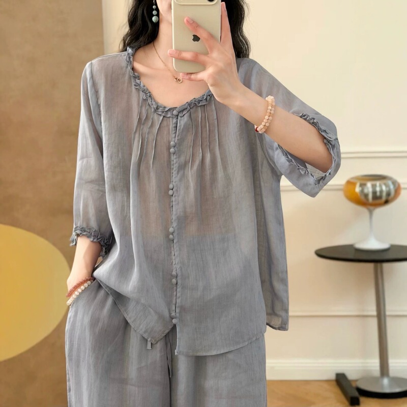 Lace Pleated Ramie Blouse for Women 2026 Summer Artistic Ramie Top Loose Solid Color Mid-Sleeve Lightweight Cardigan