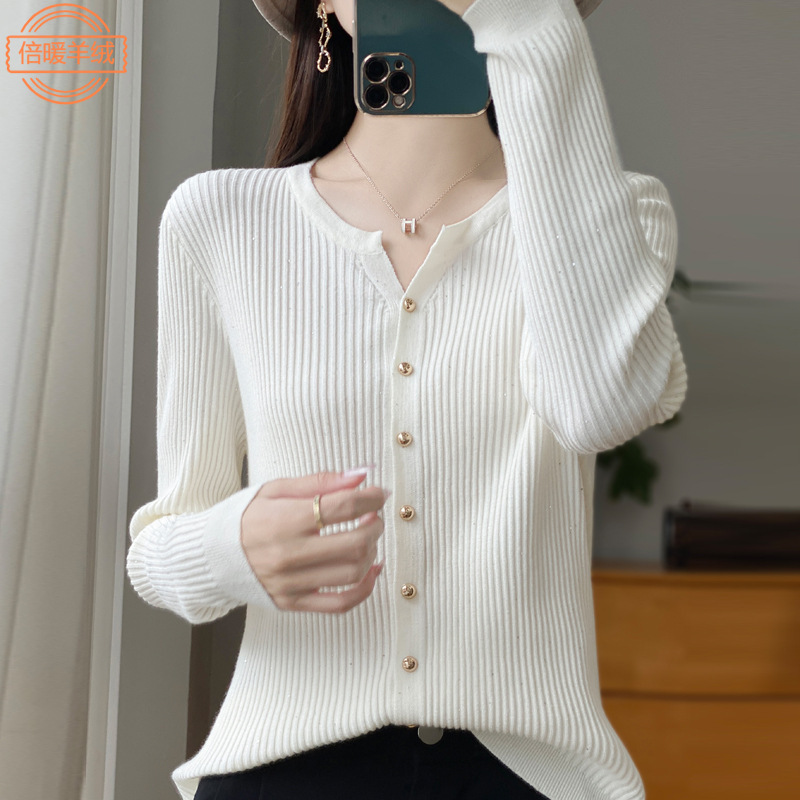 New Spring and Autumn Draffle Knitted Cardigan Women's Elegant Slim All-match Top Flash Bright Long-sleeved Knitted Jacket