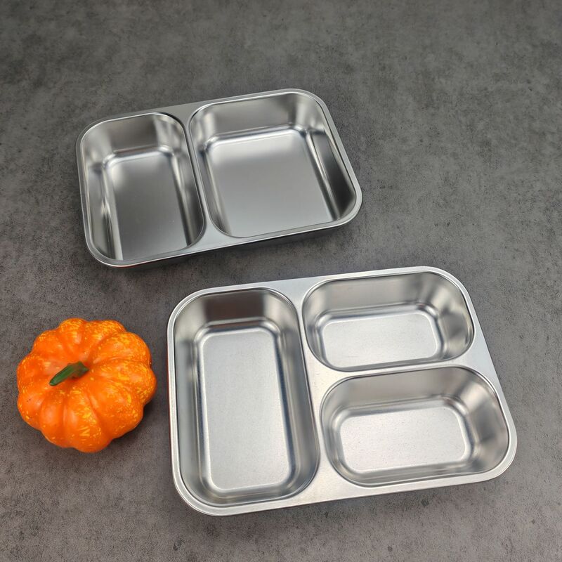 Indian 304 Stainless Steel Small Square 2-Compartment 3-Compartment Dinner Plate Kindergarten Cafeteria Children's Divided Plate Dishware with Compartments