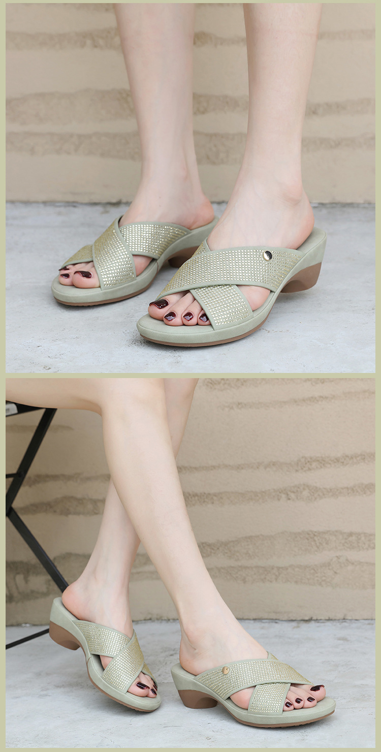 Sandal cao gót nữ hở mũi đính đá gót dốc chống trượt đi làm 2025 — Màu đen, Màu xanh lá, Màu mơ chi tiết 5