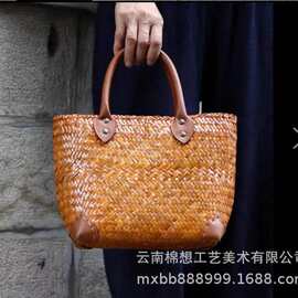 复古草编包 女士手提包  简约带拉链编织包 休闲旅行沙滩包