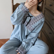 热销女款小方领宽松贡缎棉宫廷风套头长袖睡衣套装两件套家居服批