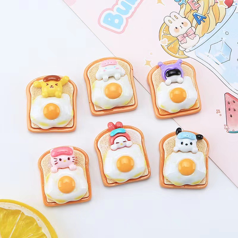 Nueva historieta Linda tostada de huevo frito animal DIY accesorios crema pegamento resina accesorios para el cabello horquilla Copa pegatinas al por mayor