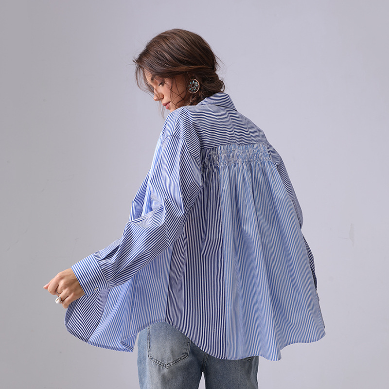 Europa y América comercio exterior ropa de mujer nueva camisa de algodón a rayas de manga larga mujer sensación de diseño suelto nicho universal blusa delgada