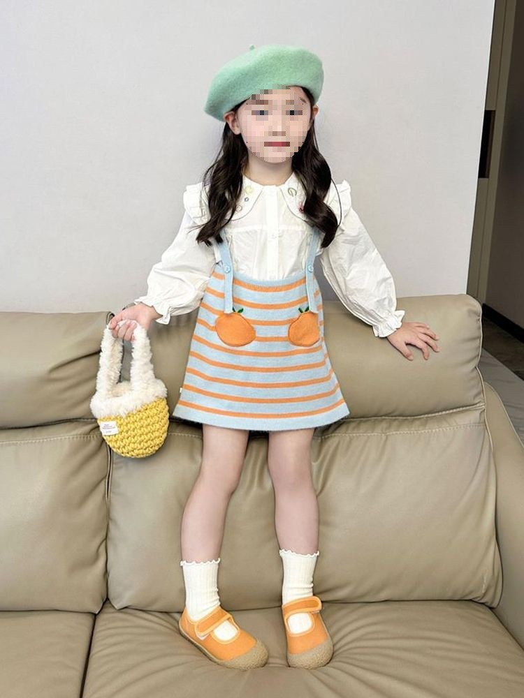韩版女童2025秋冬新款小香风条纹针织背带裙中小童娃娃领衬衫裙子