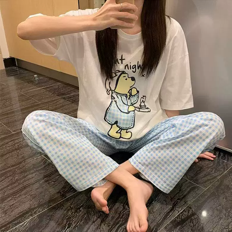 跨境爆款东南亚春秋季睡衣女薄款圆领短袖长裤卡通家居服套装外穿
