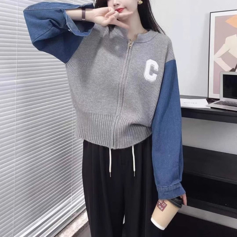 韩系拼接针织开衫毛衣女2025秋冬季设计感撞色长袖上衣牛仔袖外套|undefined