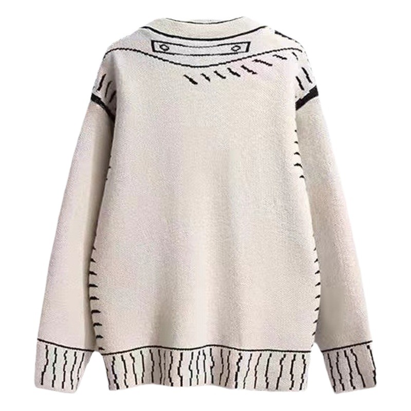 2023 otoño e invierno nuevo perfil blanco y negro pintura graffiti suéter flojo de las mujeres perezoso cardigan abrigo de punto superior