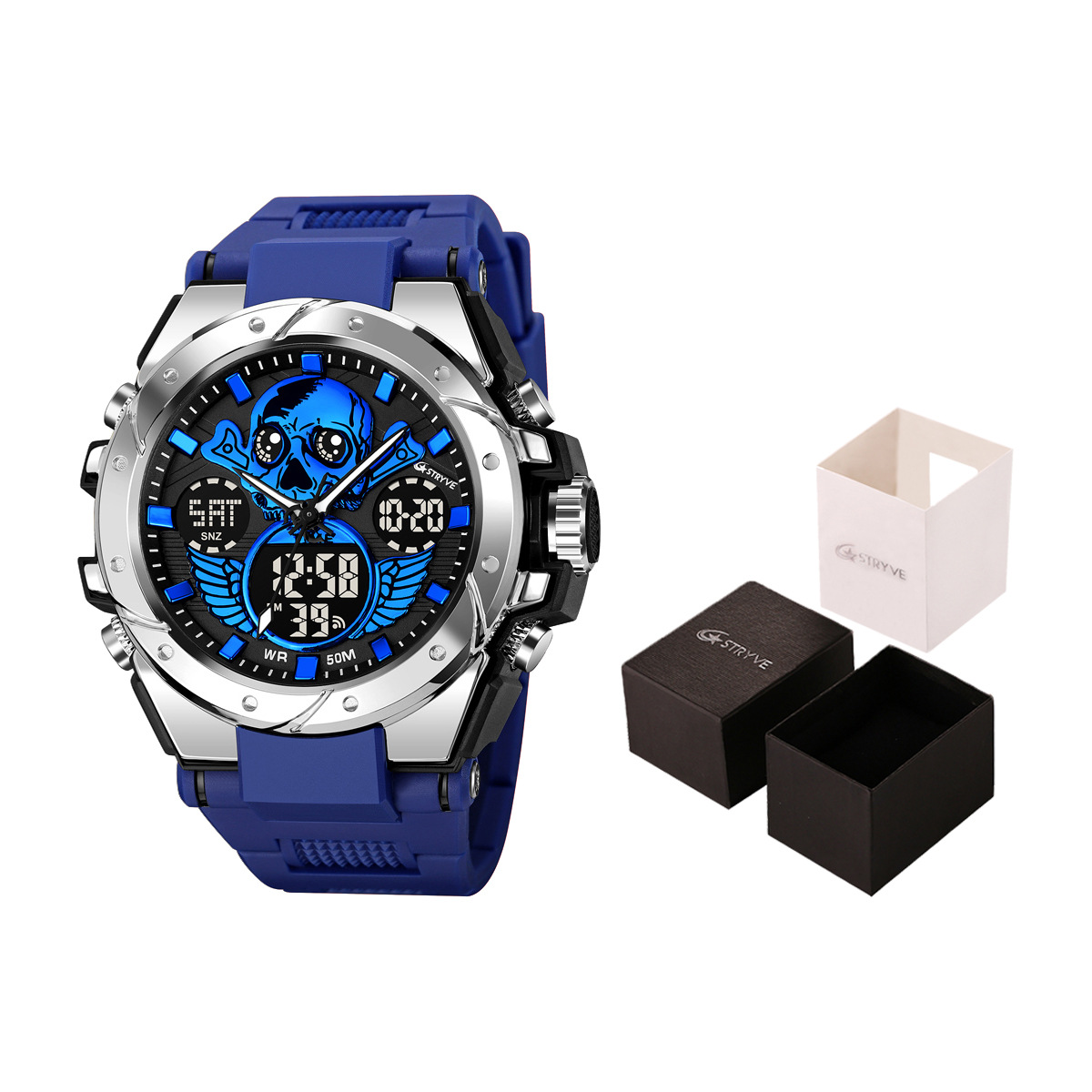 STRYVE e-commerce hombres deportes cráneo luminoso electrónico impermeable reloj multifuncional reloj entrega de una pieza 8008