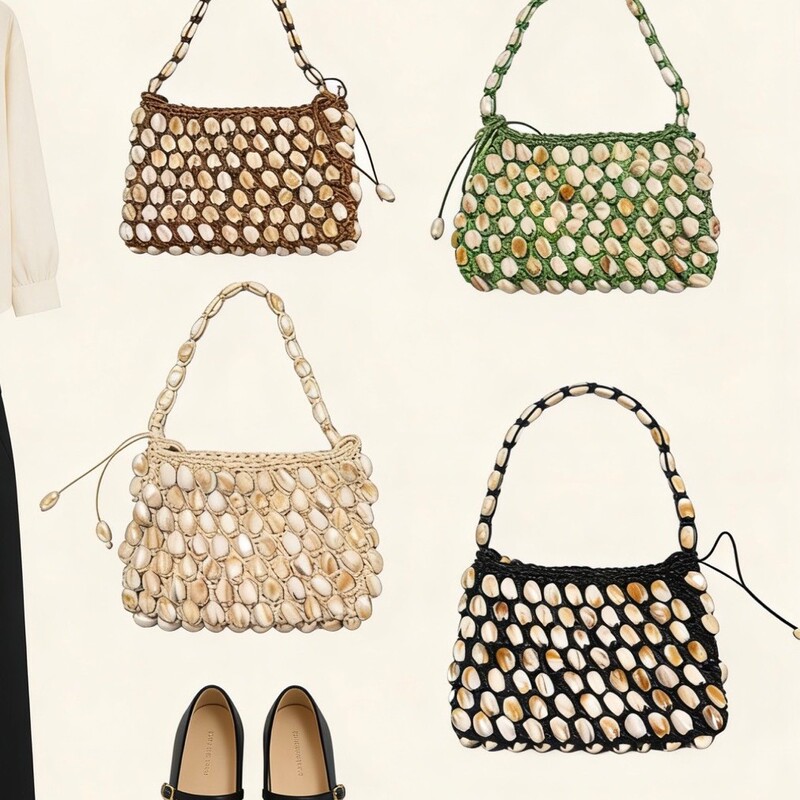 French-Style Woven Bucket Bag, Handmade Beaded Bag, Vintage Stone Handbag, Wrist-Style Bag, Shell French-Style Woven Bucket Bag, Handmade Beaded Bag, Vintage Stone Handbag, Wrist-Style Bag, Shell