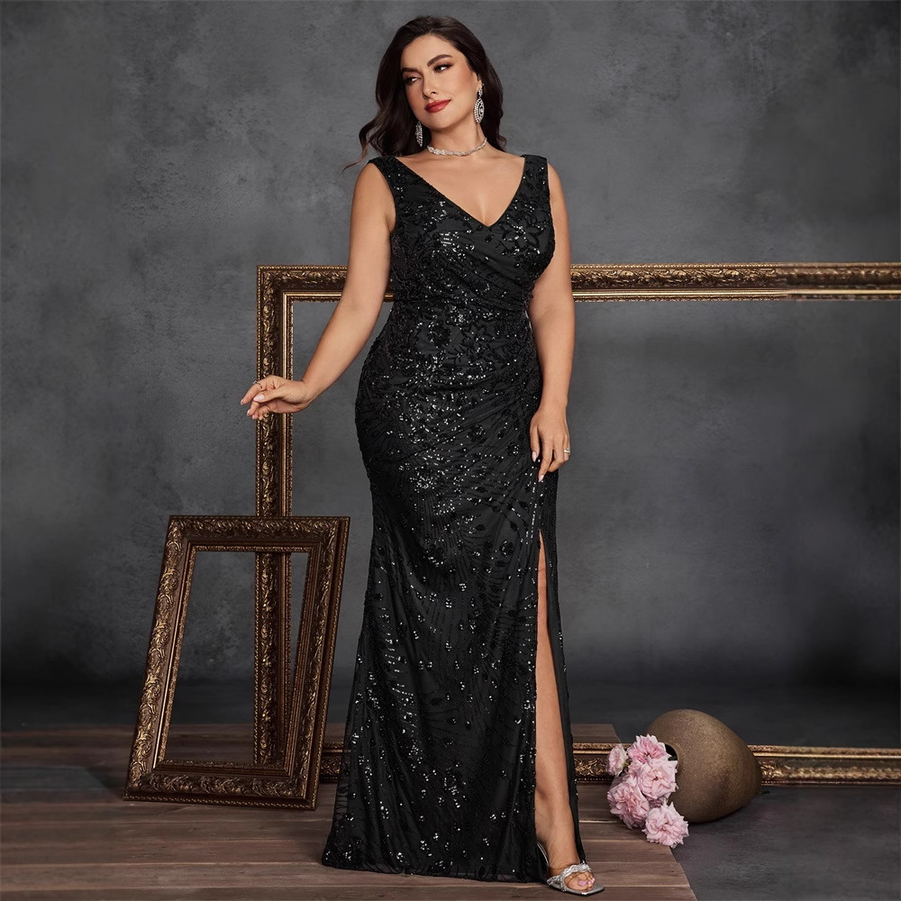 European and American Large Size Sequined Sleeveless Evening Dress for Women's Banquet Sexy Slit Elegant Fishtail Skirt Long Toast Dress