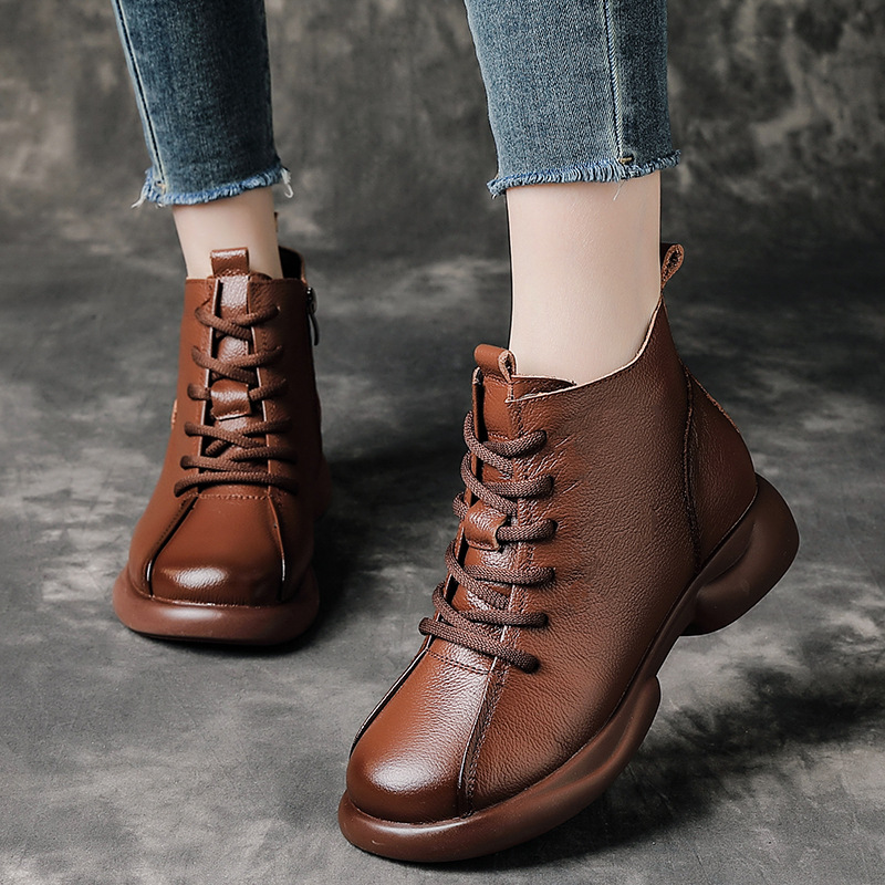 Genuine Leather 2025 Autumn New Thick Heel Single Boots Short Boots Thin Boots Soft Leather Soft Sole Lace-Up Women's Boots