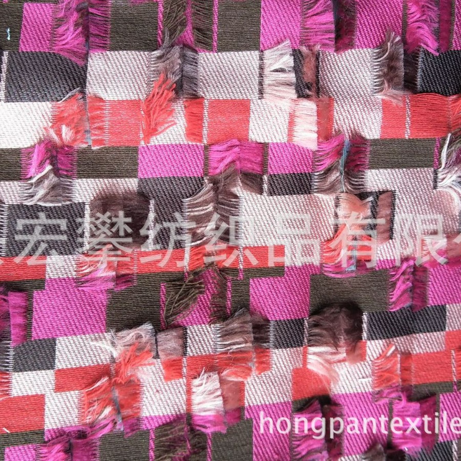 供应锦涤色织方块手工剪花布涤锦几何毛须剪花流苏女装面料春夏秋