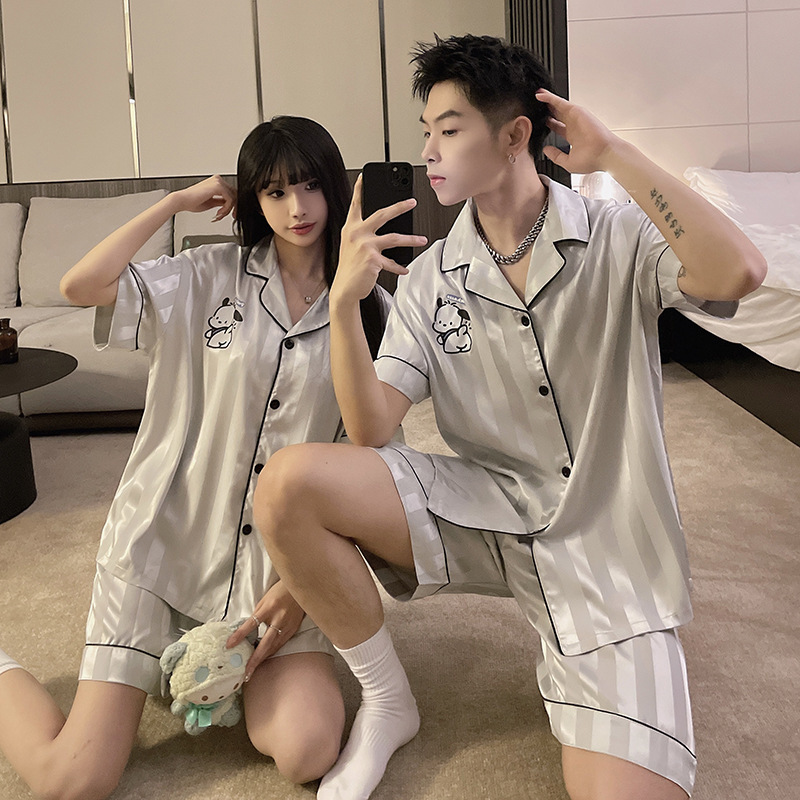 2025年夏の新作人気アイスシルク半袖漫画カジュアルカップルツーピースホーム服セットは屋外で着用できます|undefined