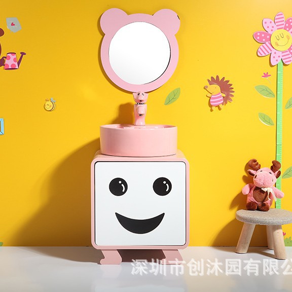 Kindergarten niños lavabo gabinete combinación doble lavabo cerámica dibujos animados lindo color baño lavabo mesa de lavado
