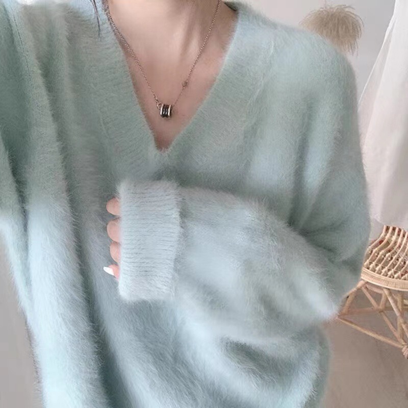 Kaning Korean Autumn and Winter Thickeneded Lazy Style Mink Velvet Pullover Knitwear for Women High-End Soft Blue Loose Knitwear