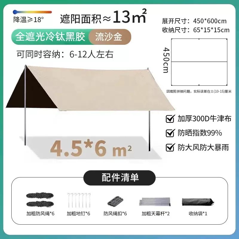 Outdoor camping canopy tent, sunshade, portable rain shelter, hexagonal camping and picnic equipment, black coating for waterproofing