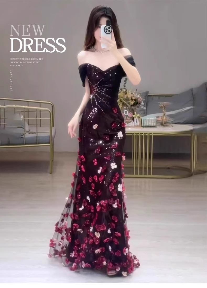 Off The Shoulder Bridal Toast Dress Floral Sequined Ethereal Beauty Mermaid Evening Gown For Engagement Party Hostess Style_ecoleips.com