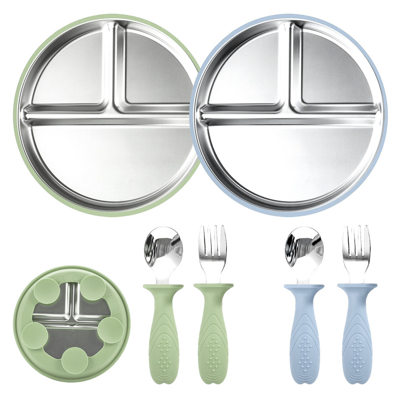 304 Stainless Steel Silicone Dinner Plate Bowl Food Grade Kidsren's Insulated Rice Bowl Set Fork and Spoon Thick Soup Bowl Anti-Fall and Anti-Scalding