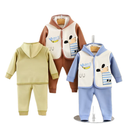 Cozy Cartoon Set for Toddlers: Long-Sleeve Hooded Colorblock Fleece Thick Winter Suit