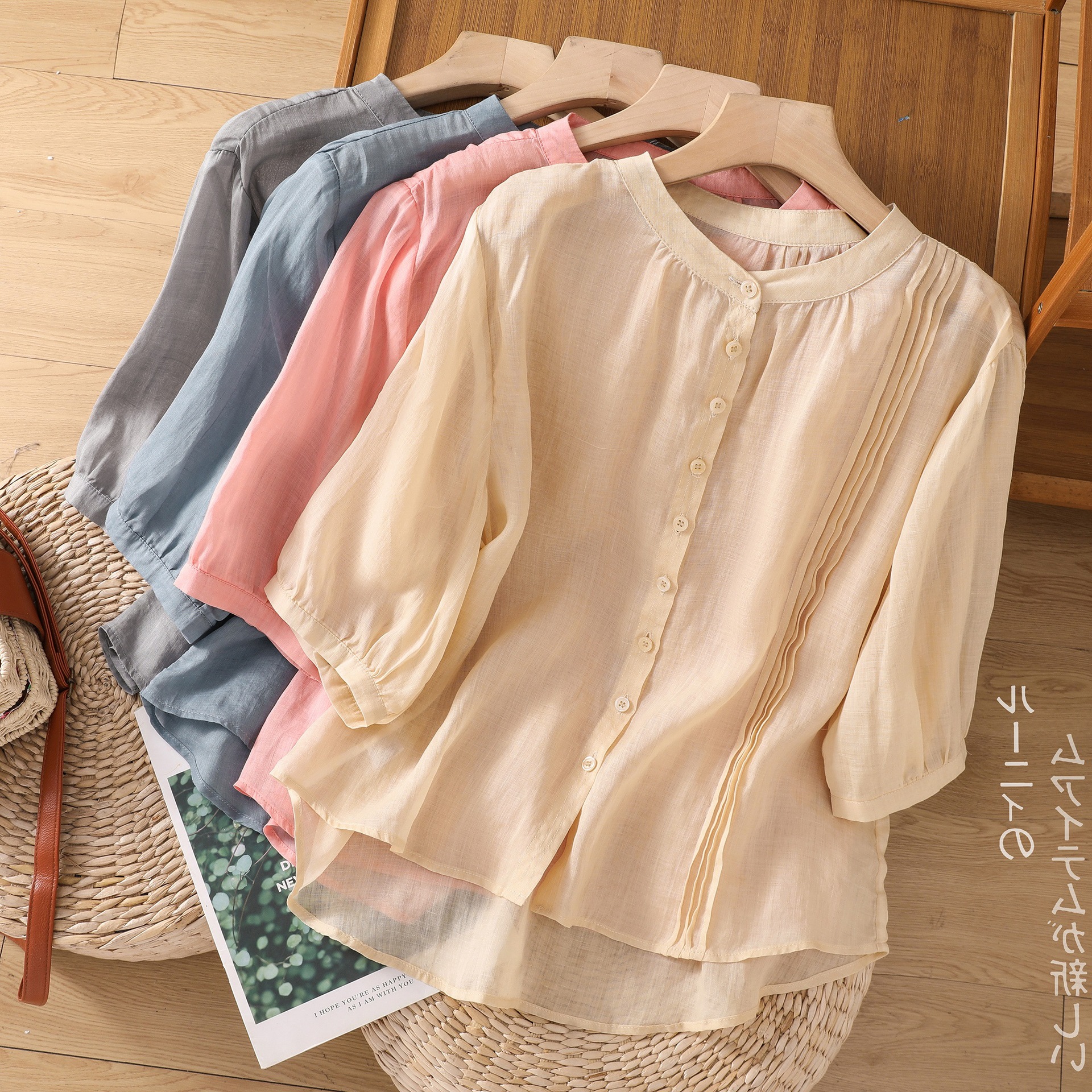 品牌专柜撤柜清仓尾货风琴褶苎麻短袖衬衫女宽松轻薄亚麻开衫上衣