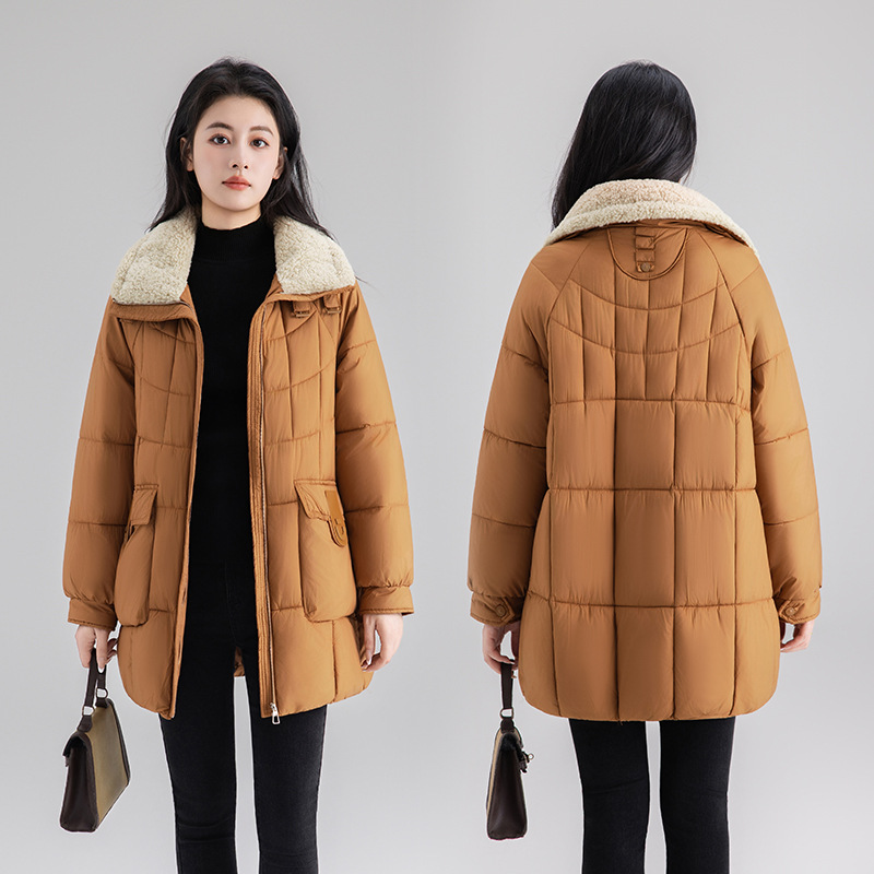 2025 invierno nuevo cuello suelto de costura media larga gran bolsillo delgado estilo coreano chaqueta de algodón de alta calidad