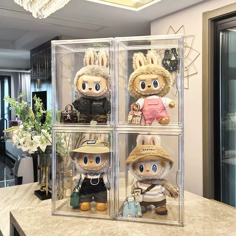拉布布泡泡玛特适用搪胶保护防尘罩亚克力高透labubu盲盒展示盒柜