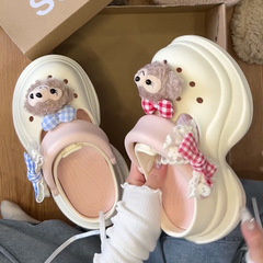 かわいいダッフィーベアの厚底高さ増加人気の下駄女性の夏のアウターウェア滑り止めビーチサンダル包頭ハーフスリッパ