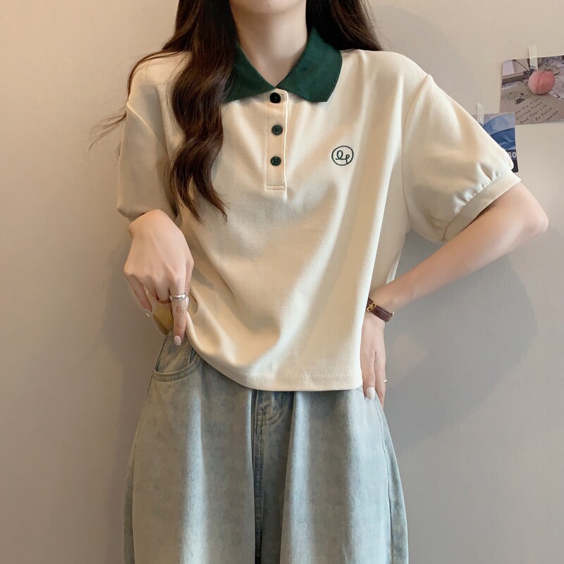 College polo collar shoulder short sleeve T-shirt women's 2025 new summer chubby girl loose slim short lapel top College polo collar shoulder short sleeve T-shirt women's 2025 new summer chubby girl loose slim short lapel top