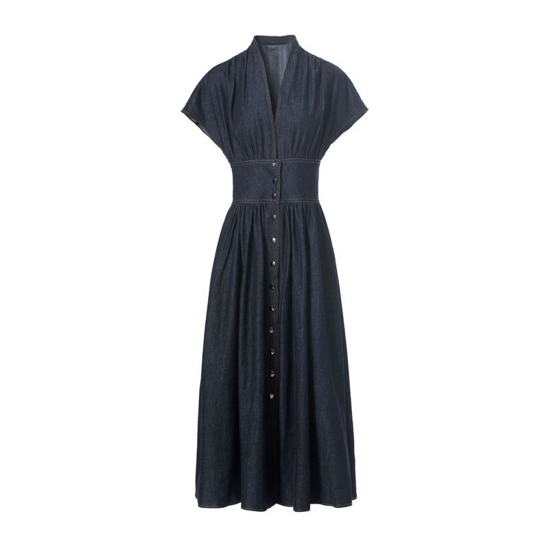 Shenzhen Nanyou Autumn New Versatile Commuter Women's D-Brand V-Neck Long Sleeve Bee Embroidery Denim Flared Dress