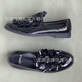 小皮鞋女日系花朵一脚蹬漆皮软面软底乐福鞋玛丽珍漆黑平底单鞋