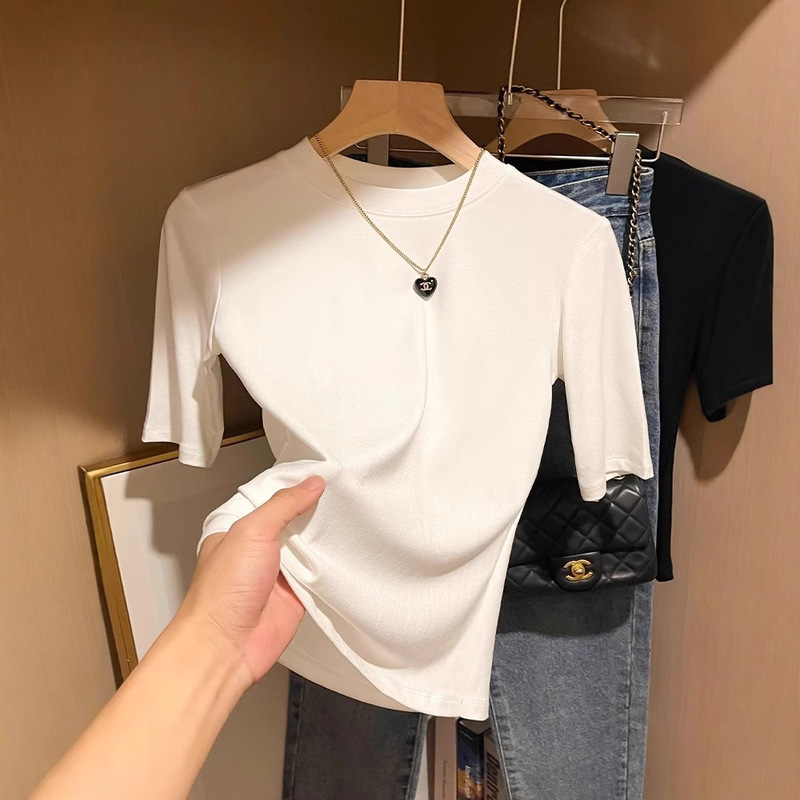 Spot Half-Sleeved T-Shirt Women's Three-Quarter Sleeve White Small Round Neck Mid-Sleeve Top Bottoming Shirt Spring & Fall 2025 New Summer