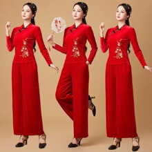 秋冬新款广场舞服装套装金丝绒长袖绣花表演出服中老年跳舞衣服女