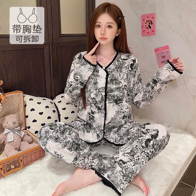 云朵棉睡衣女带胸垫春秋季复古水墨画长袖长裤宽松大码家居服套装|undefined