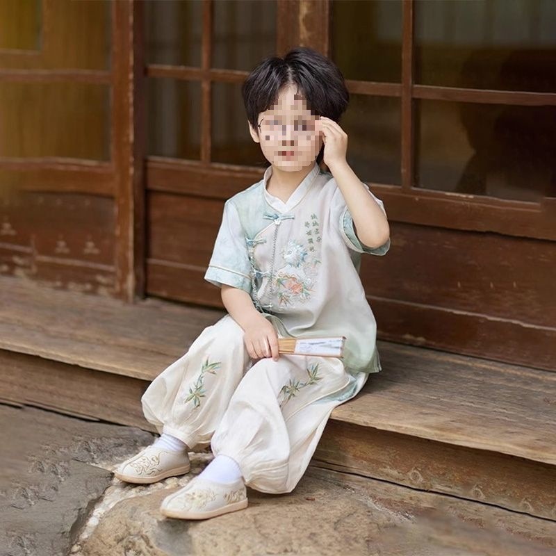 2025新款汉服男童写真旅游夏季儿童国风套装男孩新中式唐装两件套|undefined