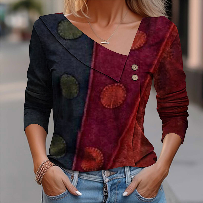 Amazon Womens European and American Autum Retro Imitation Cotton Asymmetric V Neck Long-Sleeved Home Casual Work Button T-Shirt Amazon Womens European and American Autum Retro Imitation Cotton Asymmetric V Neck Long-Sleeved Home Casual Work Button T-Shirt