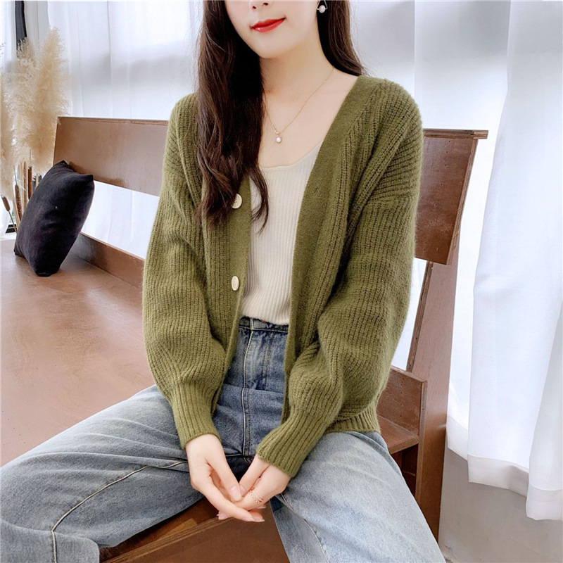 French V-Neck Candy Color Long Sleeve Cardigan Women's Loose Knit Sweater Coat Casual Elegant Outerwear_ecoleips.com