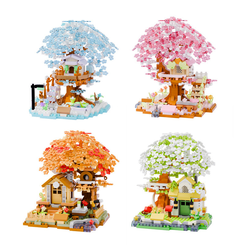 Compatibilidad transfronteriza Cerezo árbol cabaña arquitectura paisaje callejero decoración de bloques de construcción para niños juguetes inteligentes regalos para chicas