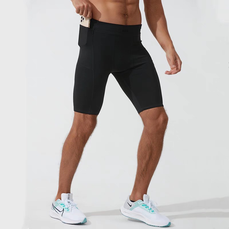 Correr pantalones cortos de compresión para hombres profesionales de maratón de carreras a través de la carretera rápido secado ajustado pantalones de cinco puntos bolsillo puede poner el teléfono móvil